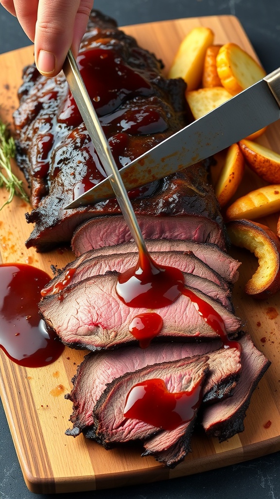 A close-up of sliced beef brisket with BBQ sauce on a wooden board, surrounded by roasted potatoes.
