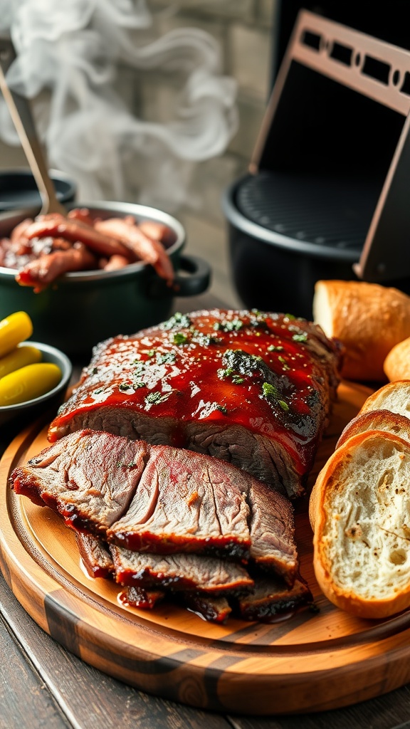 A platter of smoky BBQ beef brisket with sauce, slices of bread, pickles, and sausages, alongside a grill.