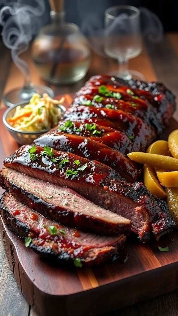 A smoked BBQ brisket sliced and garnished with parsley, served with coleslaw and pickles.