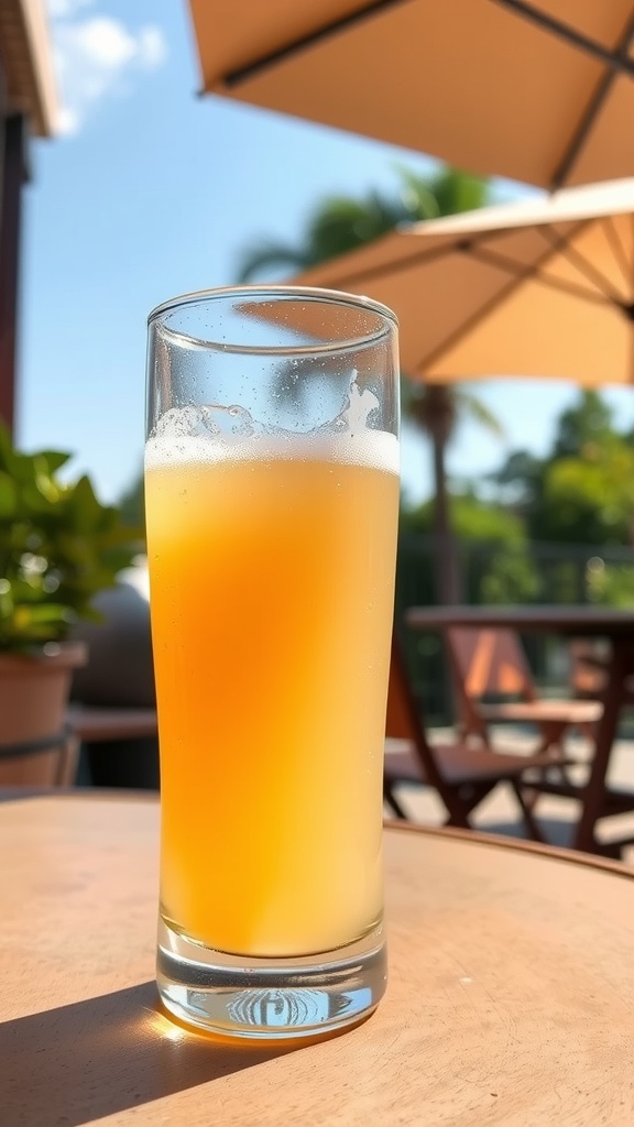 A refreshing Smooth Cream Ale in a clear glass, served outdoors on a sunny day.