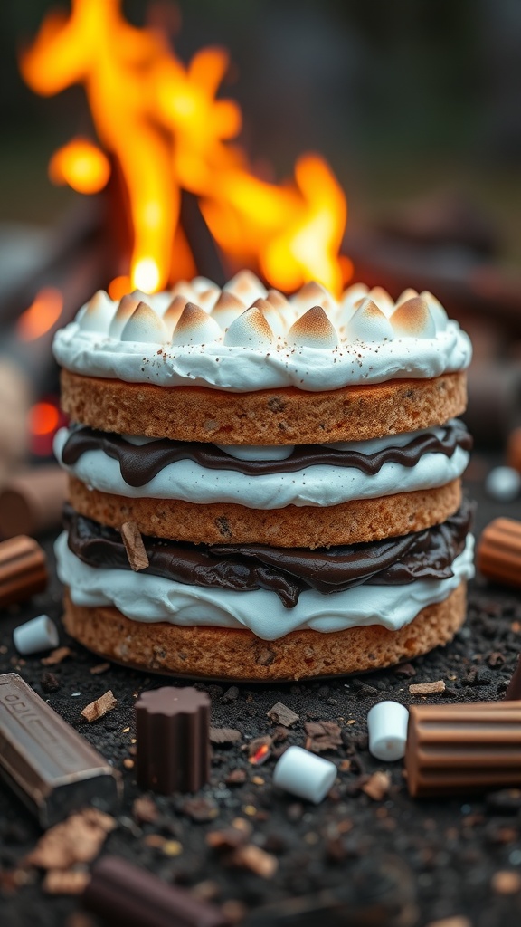 A delicious s'mores cake with layers of chocolate and marshmallow, topped with toasted marshmallows, set against a backdrop of a campfire.