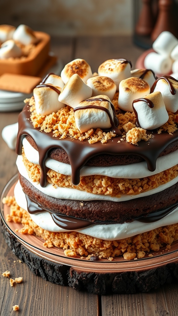 A layered S'mores Cake topped with marshmallows, chocolate drizzle, and graham cracker crumble.