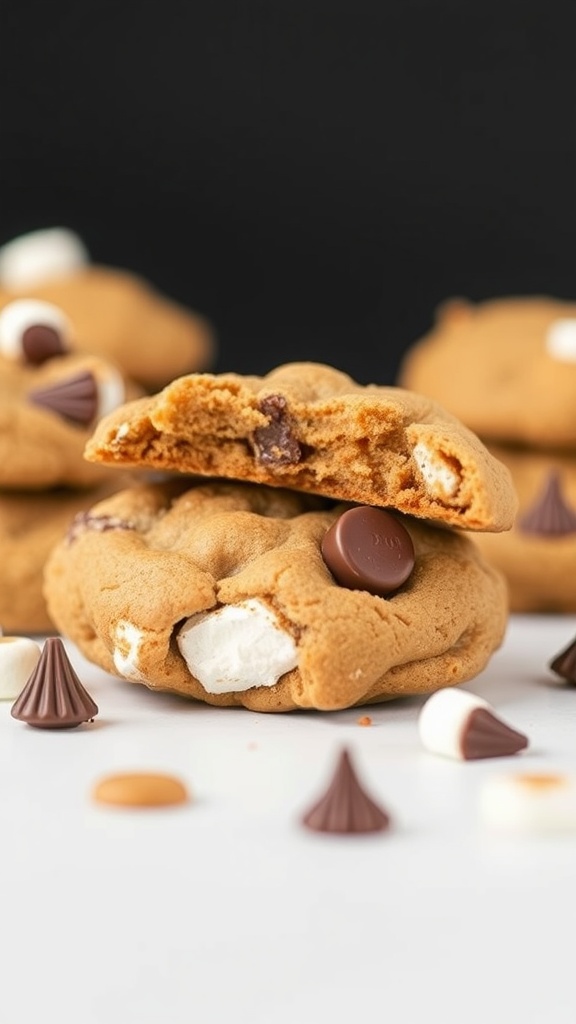 A close-up of a s'mores cookie, showcasing chocolate chunks and marshmallow inside, with more cookies in the background.