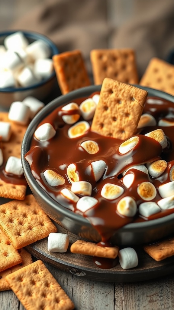 A bowl of s'mores dip with chocolate, marshmallows, and graham crackers.