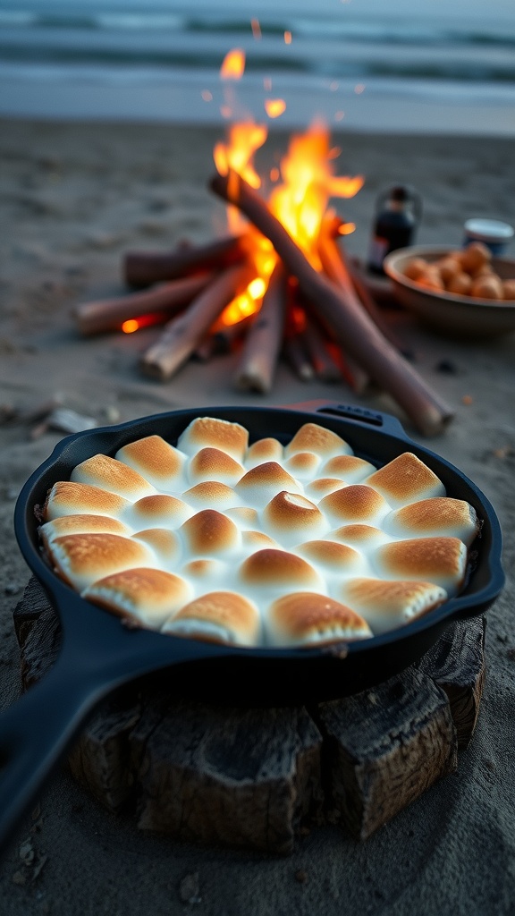 A cast iron skillet filled with perfectly toasted marshmallows and melted chocolate sitting by a beach bonfire