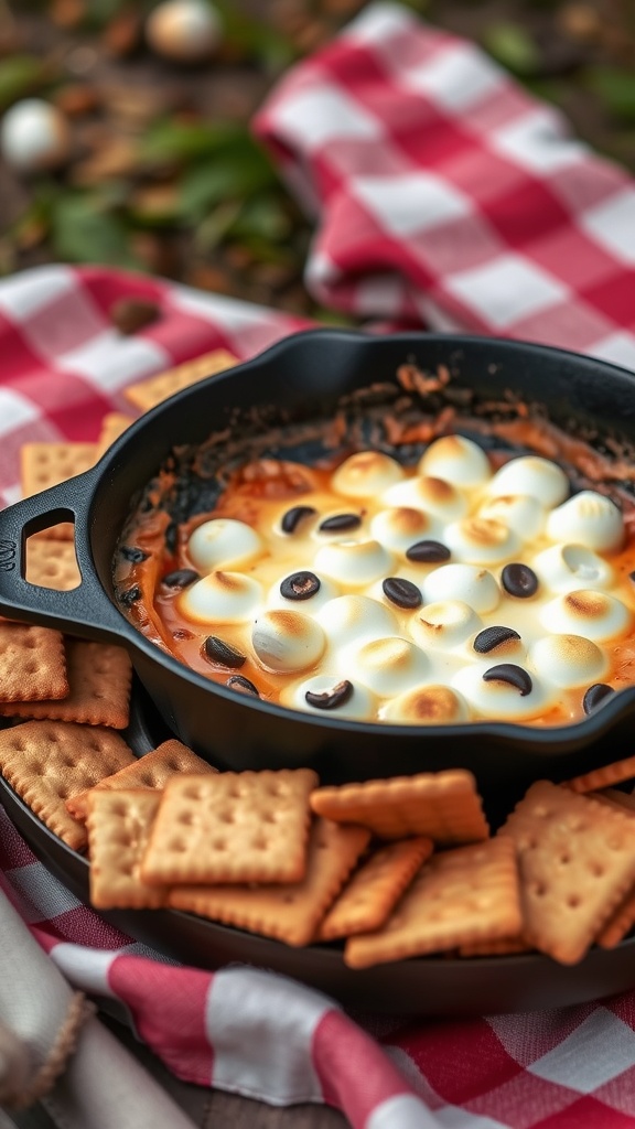 S’mores dip with melted marshmallows and chocolate served with graham crackers on a picnic blanket.