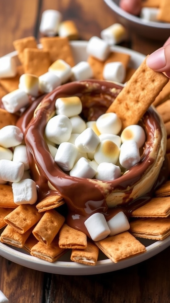 A delicious s'mores dip with melted chocolate and marshmallows, served with graham crackers.