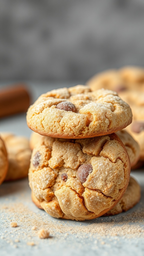 A close-up view of freshly baked snickerdoodle cookies stacked on top of each other, showcasing their cracked surface and cinnamon sugar coating.