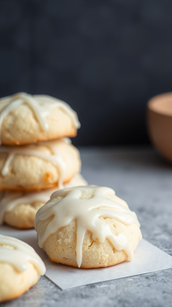 A close-up of soft sour cream cookies drizzled with icing, stacked and placed on a gray surface.