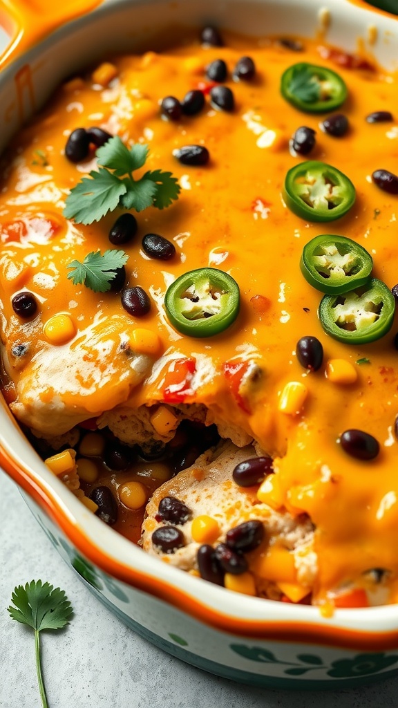 A colorful Southwest Chicken Casserole topped with cheese, jalapeños, and cilantro.