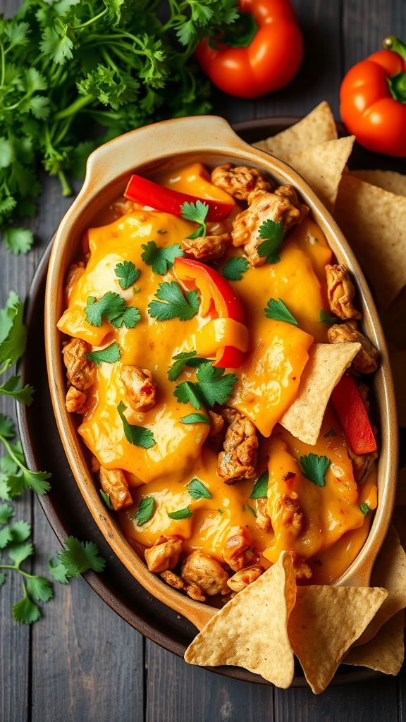 A colorful Southwest Chicken Casserole topped with melted cheese, cilantro, and served with tortilla chips.