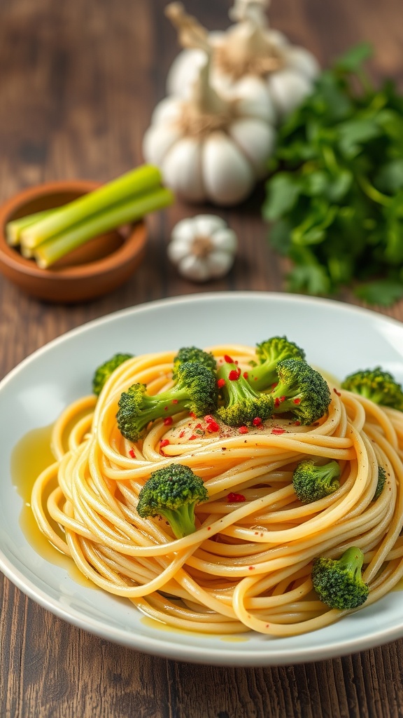 A plate of spaghetti aglio e olio topped with broccoli, garlic, and red pepper flakes.