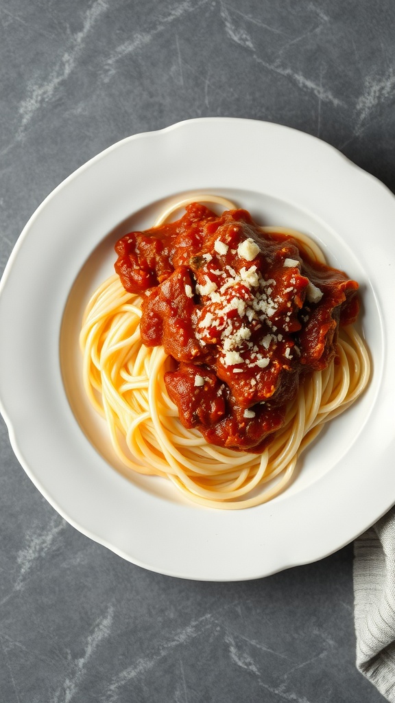 A plate of spaghetti topped with Bolognese sauce and grated cheese.