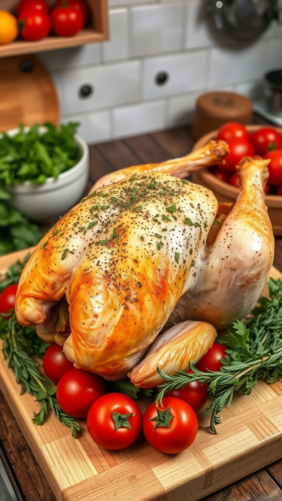 A spatchcocked turkey on a cutting board surrounded by fresh tomatoes and herbs.