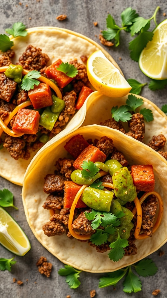 Two spicy beef tacos with salsa verde, garnished with cilantro and lime.