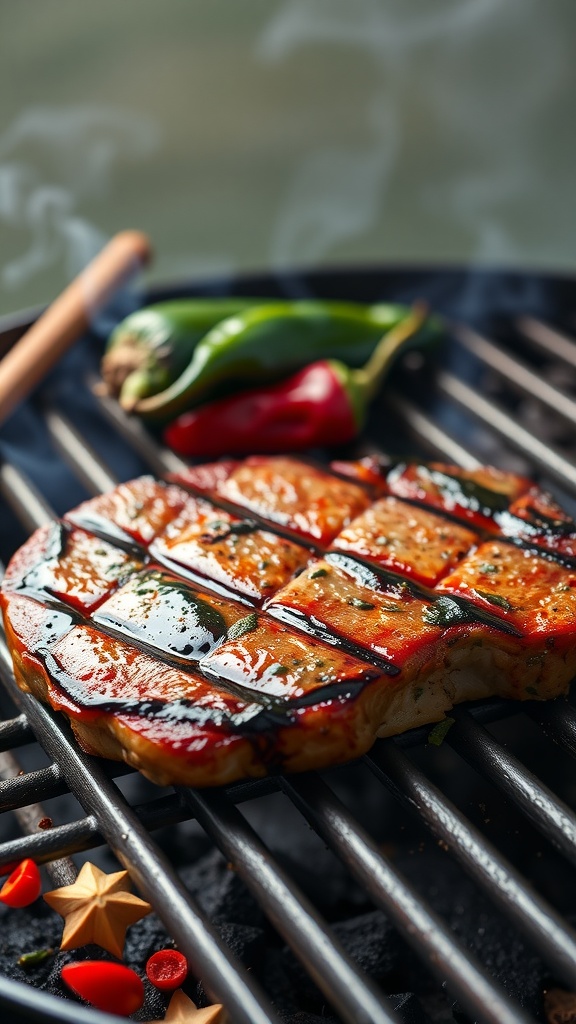 Grilled flank steak marinated with chipotle sauce, alongside fresh green and red peppers on a grill.