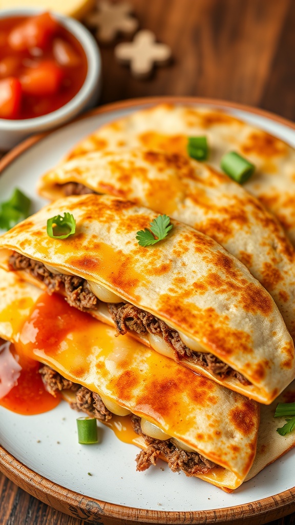Chopped beef quesadillas with melted cheese and salsa