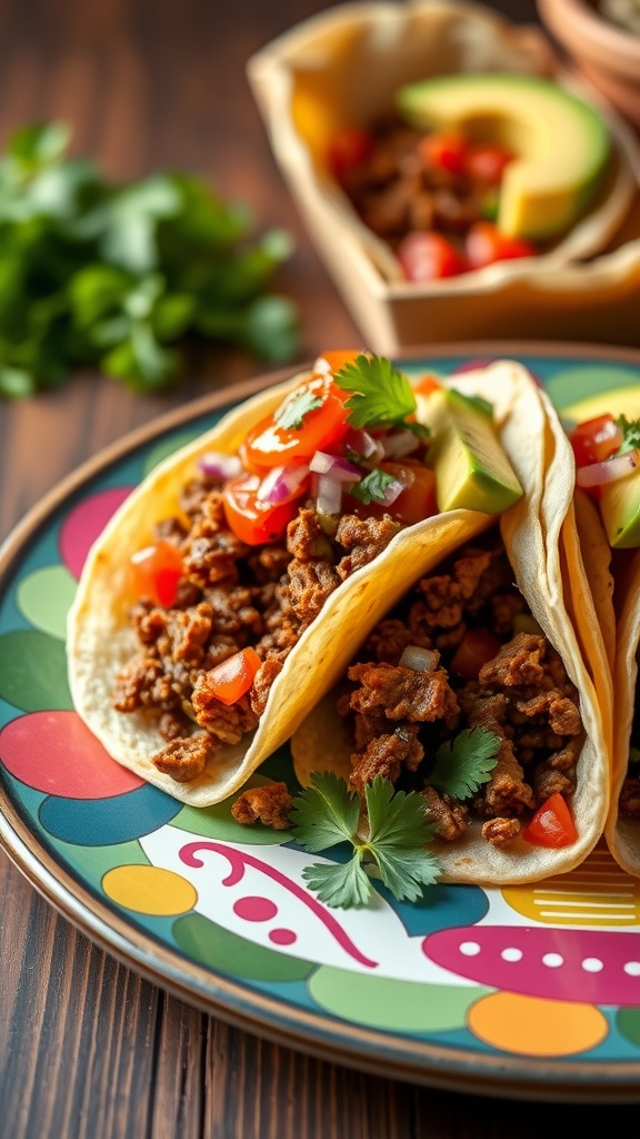 Spicy chopped beef tacos served with fresh salsa and garnishes