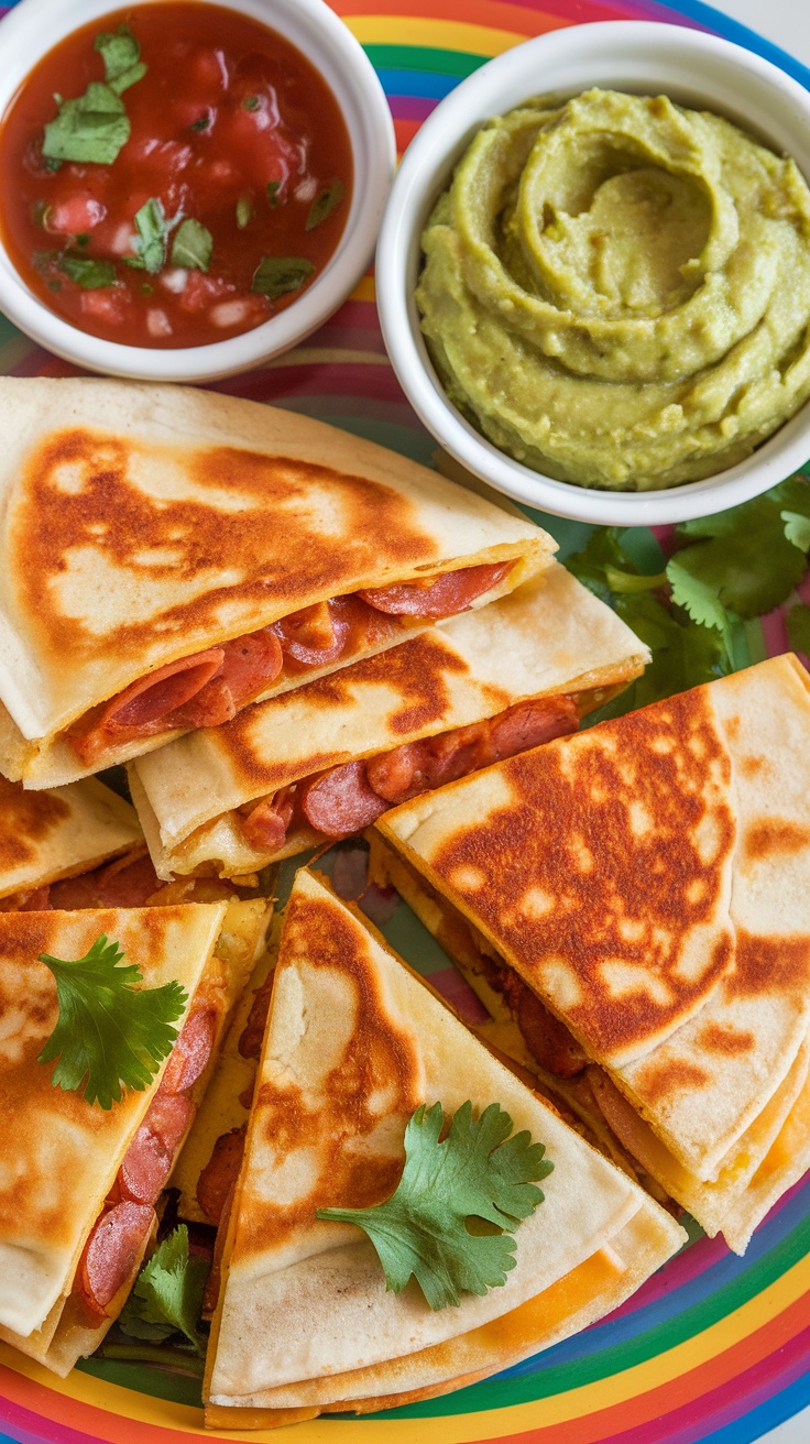 A plate of spicy chorizo quesadillas served with salsa and guacamole.