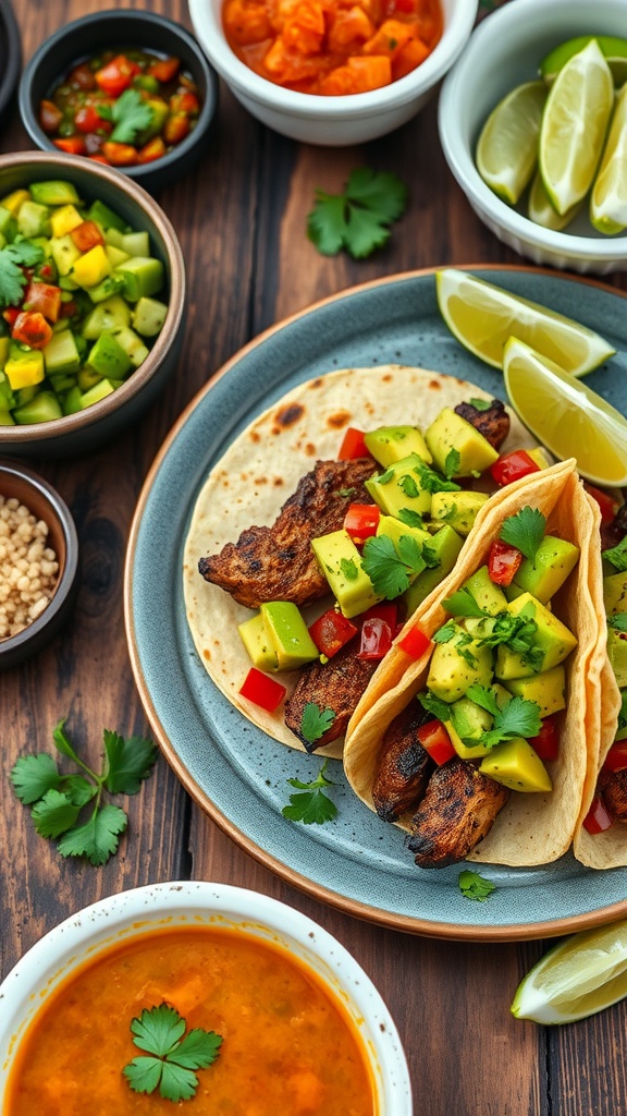 Tacos filled with spicy duck and avocado salsa, surrounded by fresh ingredients.