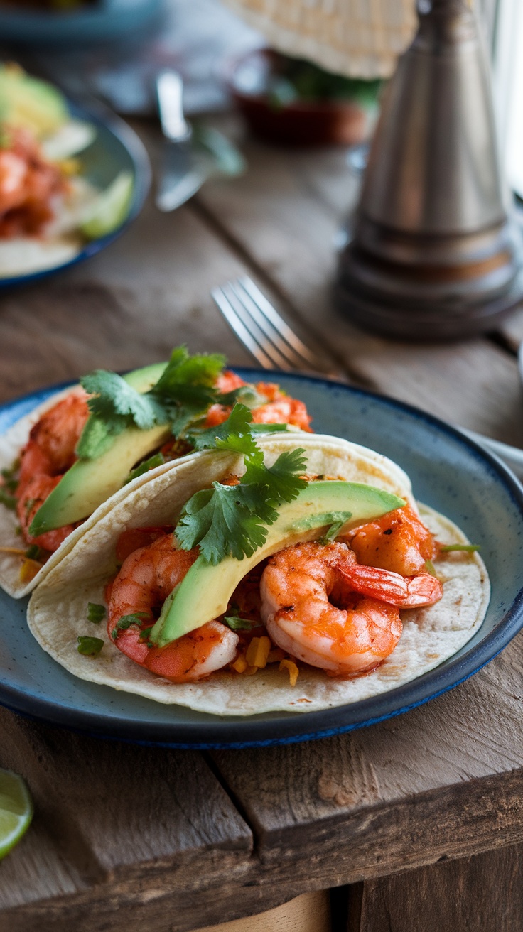 Spicy grilled shrimp tacos with avocado, lime, and cilantro on wooden plate.