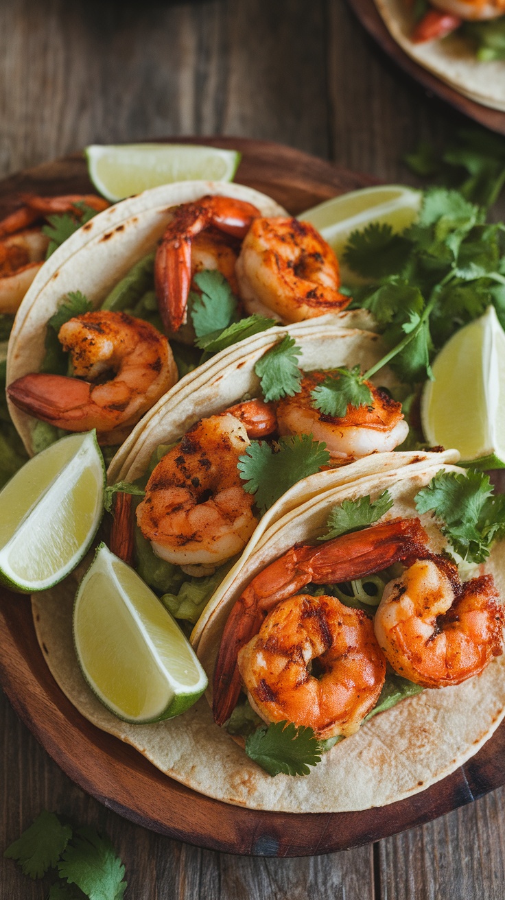 Delicious spicy grilled shrimp tacos with cilantro and lime on a wooden platter.