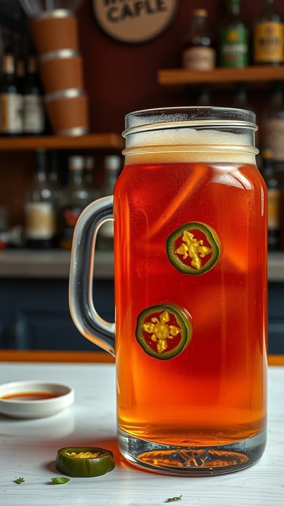 A glass of Spicy Jalapeño Amber Ale with sliced jalapeños floating on top