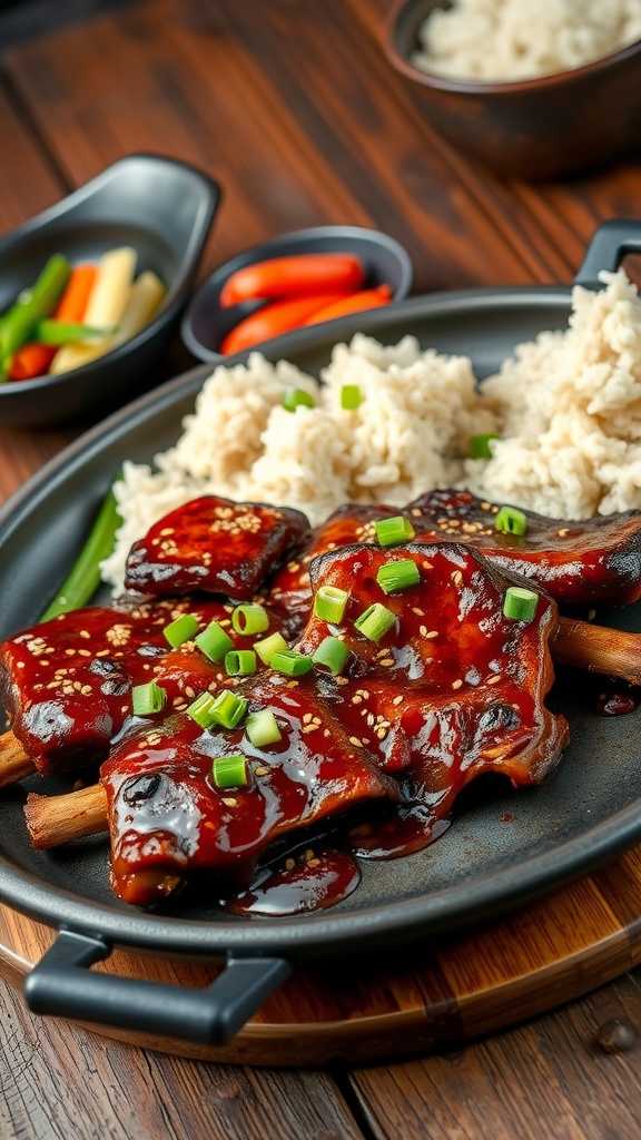 A plate of spicy Korean steak short ribs with rice and vegetables.