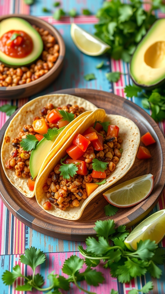 Spicy lentil tacos with fresh ingredients and vibrant colors on a wooden plate.