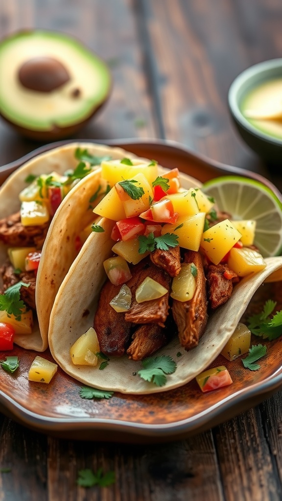 A plate of spicy pork tacos topped with pineapple salsa, garnished with cilantro and lime.