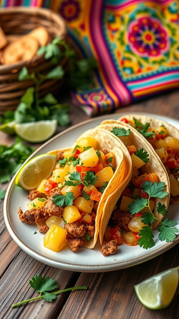 Spicy pork tacos topped with pineapple salsa and cilantro, served on a white plate, with lime wedges and a colorful blanket in the background.