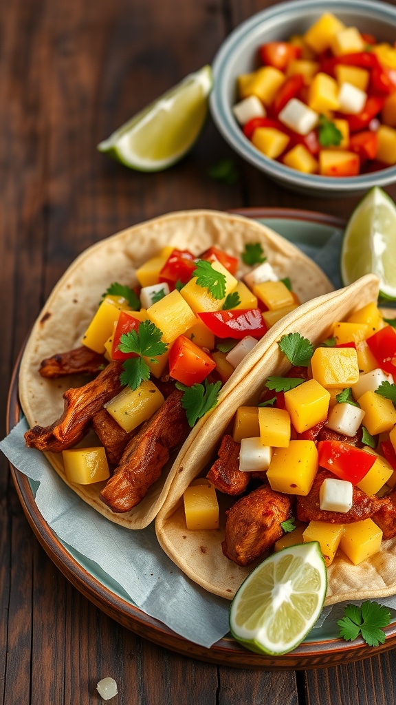 Two spicy pork tacos filled with pineapple salsa on a wooden surface
