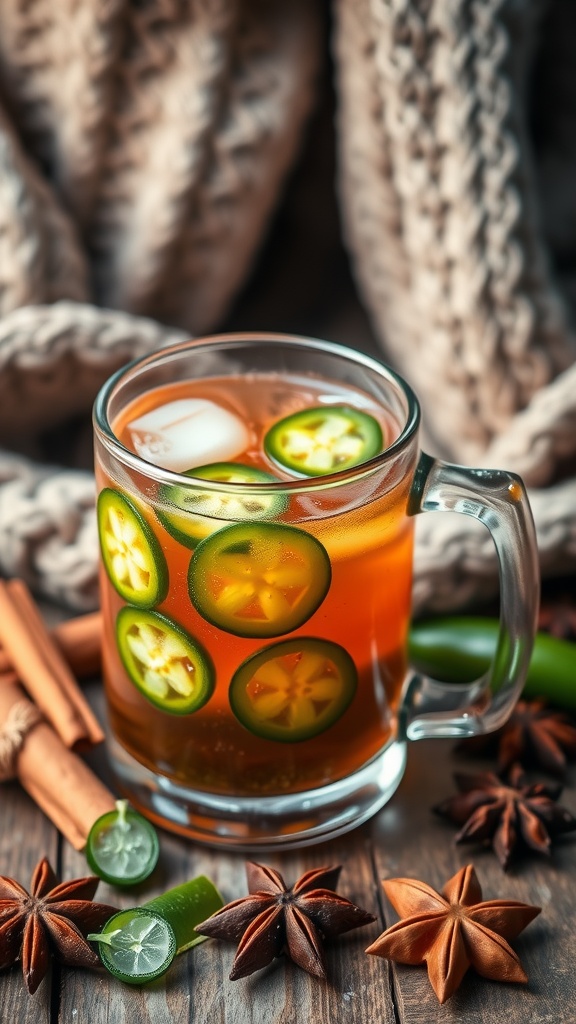 A copper mug filled with a spicy rum cocktail garnished with jalapeño slices, orange, and rosemary, surrounded by cinnamon sticks and star anise.