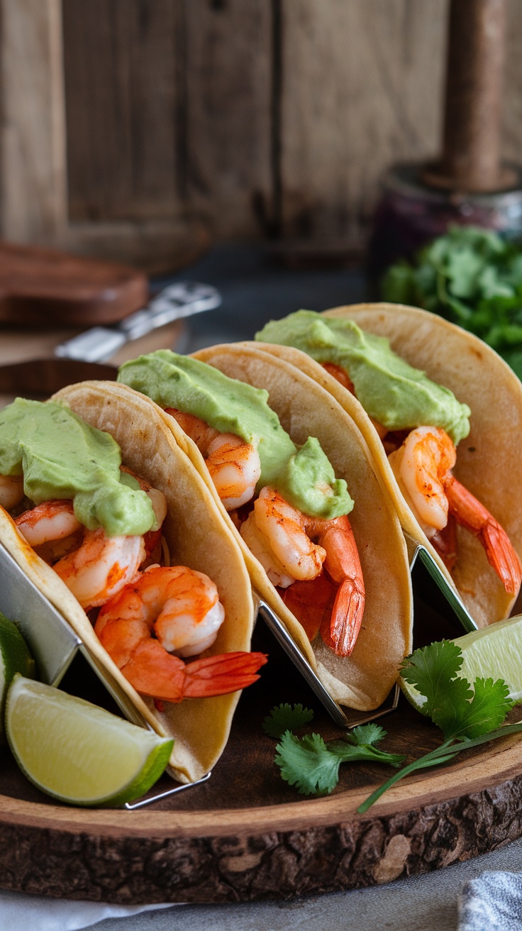 Three spicy shrimp tacos topped with avocado crema on a wooden plate.