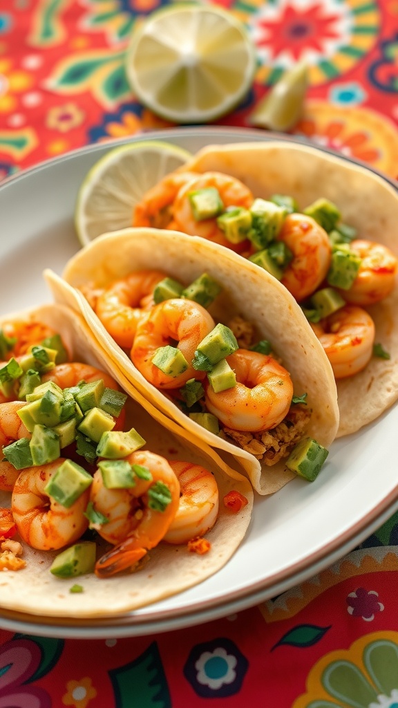 Three spicy shrimp tacos topped with avocado salsa on a colorful tablecloth.