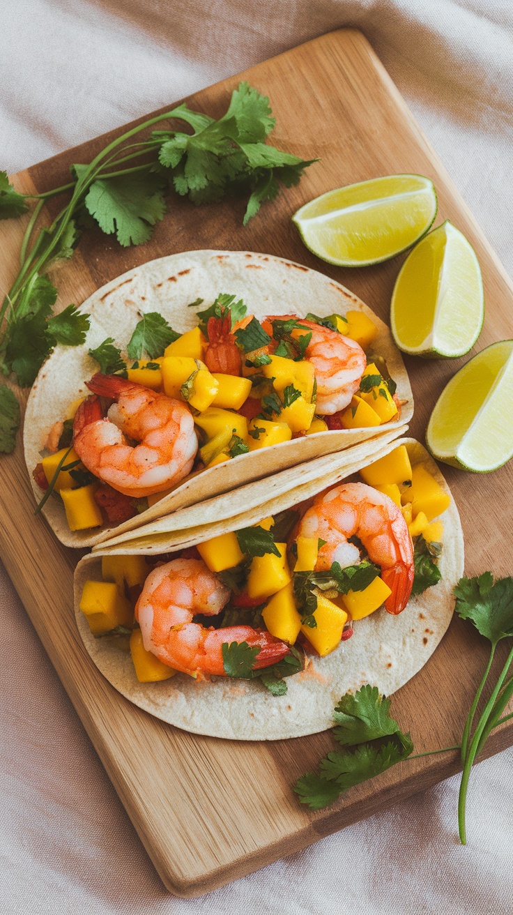 Spicy shrimp tacos topped with mango salsa on a wooden cutting board, with lime wedges and cilantro