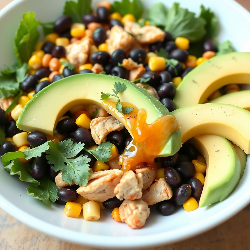 Bowl of Spicy Southwest Chicken Salad with chicken, avocado, beans, and corn.