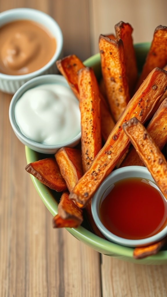 Bowl of spicy sweet potato fries with dips