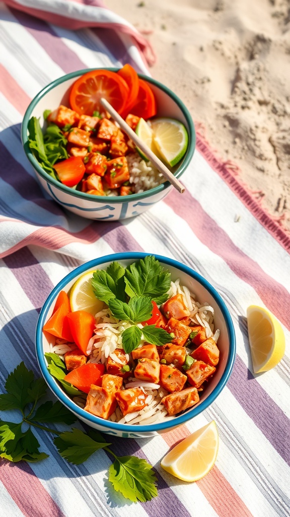Two bowls of Spicy Tuna Poke Bowls with fresh ingredients on a beach blanket