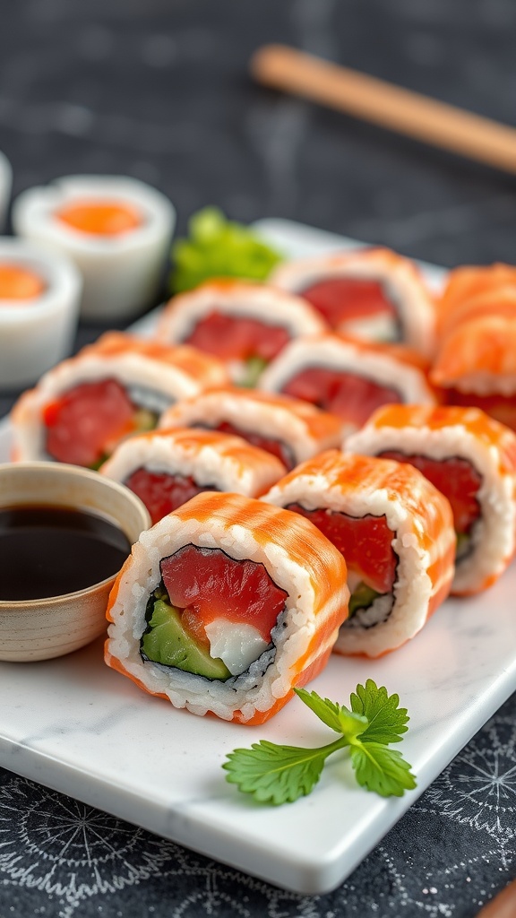 Platter of spicy tuna sushi rolls with a side of soy sauce and garnishes