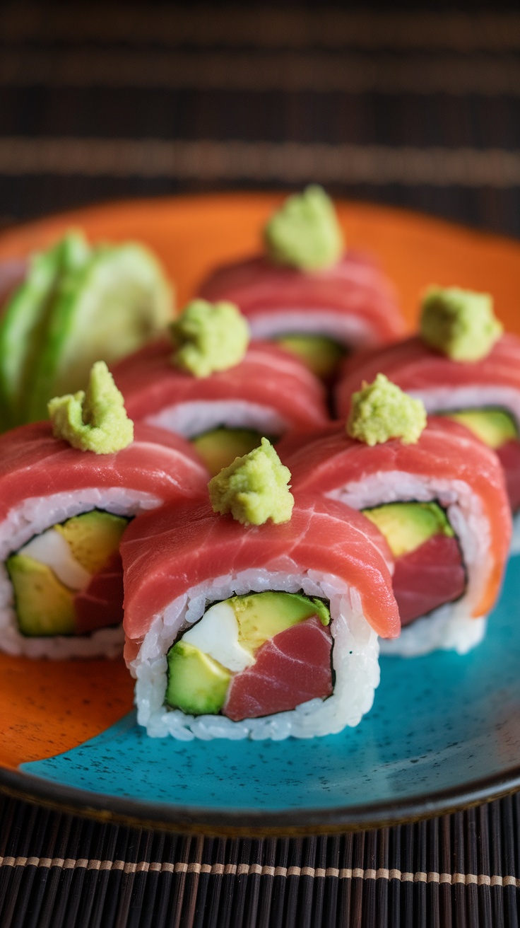 Spicy tuna sushi rolls arranged on a plate with garnishes.