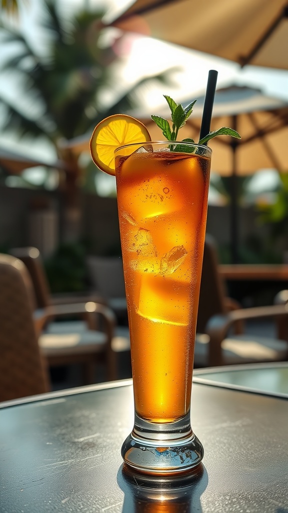 A refreshing glass of spiked iced tea with rum, garnished with a lemon slice and mint, sitting on a table in a sunlit outdoor setting.