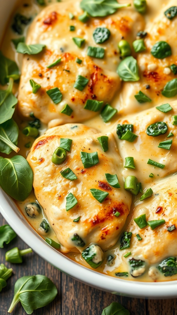 A delicious spinach and artichoke chicken casserole, featuring tender chicken pieces topped with creamy sauce and fresh green herbs.