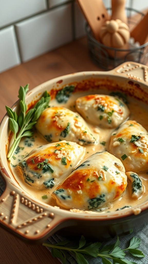 A delicious spinach and artichoke chicken casserole with golden-brown chicken pieces surrounded by creamy sauce and greens.