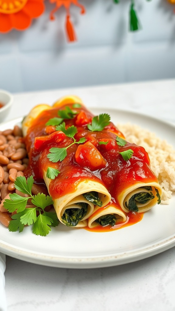 A plate of spinach and cheese enchiladas topped with red sauce and surrounded by rice and beans.