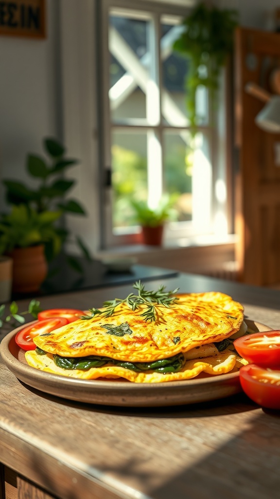 A delicious Spinach and Feta Omelette served with sliced tomatoes on a plate