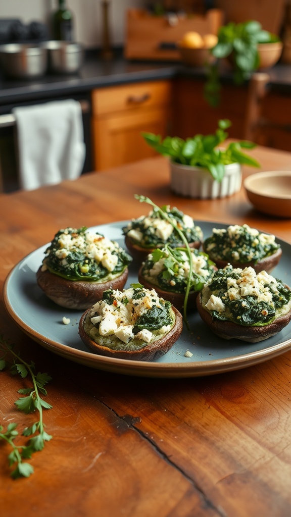 Plate of spinach and feta stuffed portobello mushrooms on a wooden table
