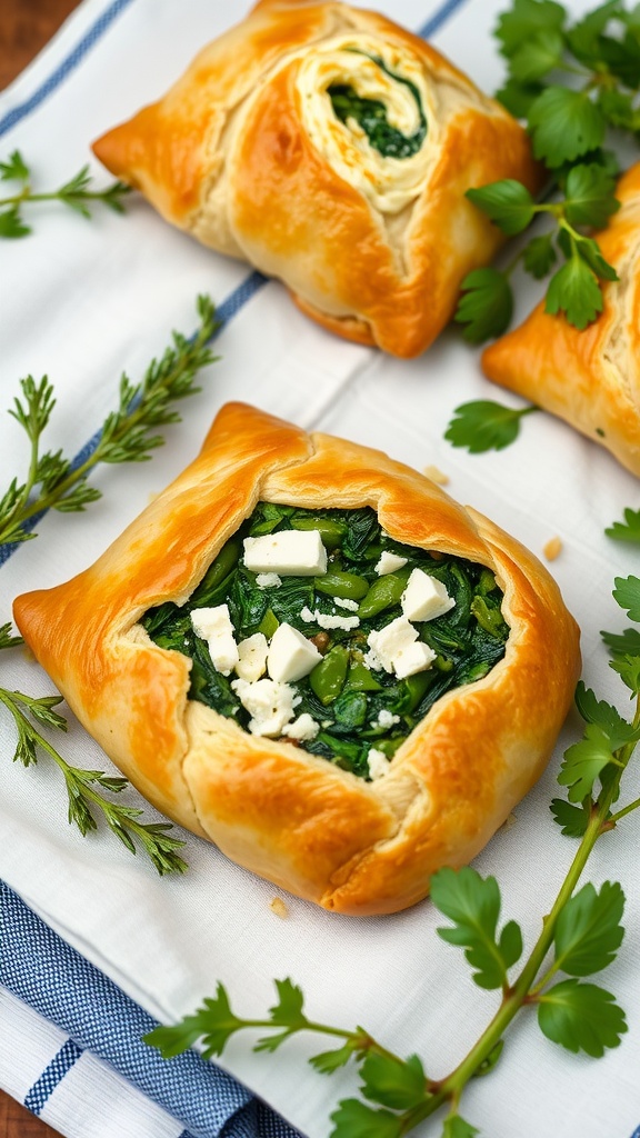 Spinach and feta stuffed puff pastry on a white cloth with herbs