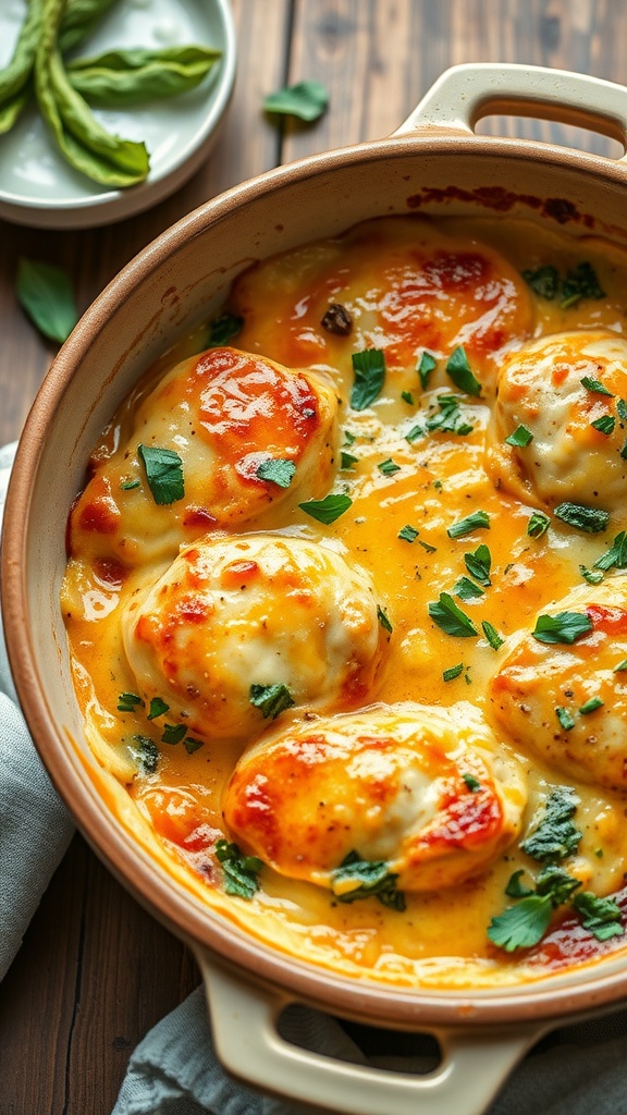 A creamy and cheesy spinach artichoke chicken casserole topped with melted cheese and fresh herbs.