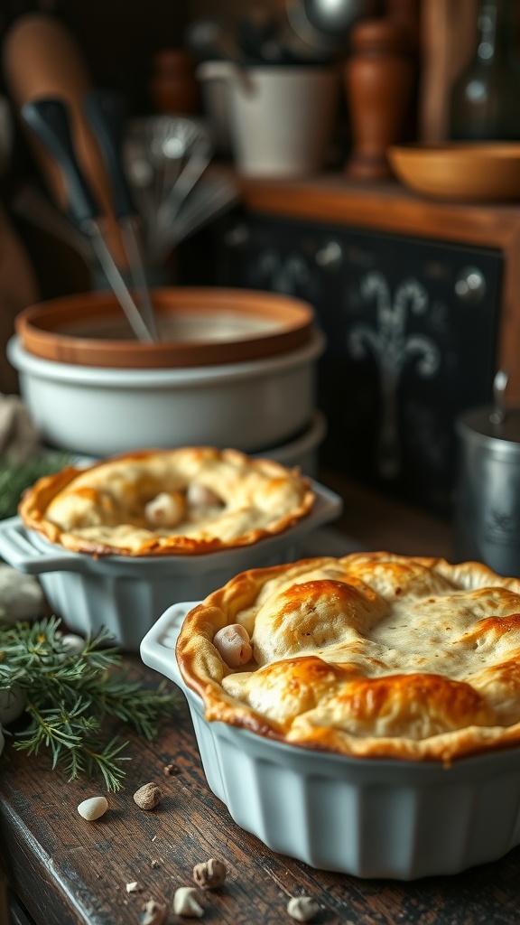 Two spring chicken pot pies in white dishes on a wooden table